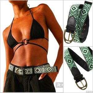 Free People Moving to Mars Printed Belt Size Small/Medium Green and Black